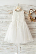 Ivory Lace Tulle Wedding Flower Girl Dress, Big Bow