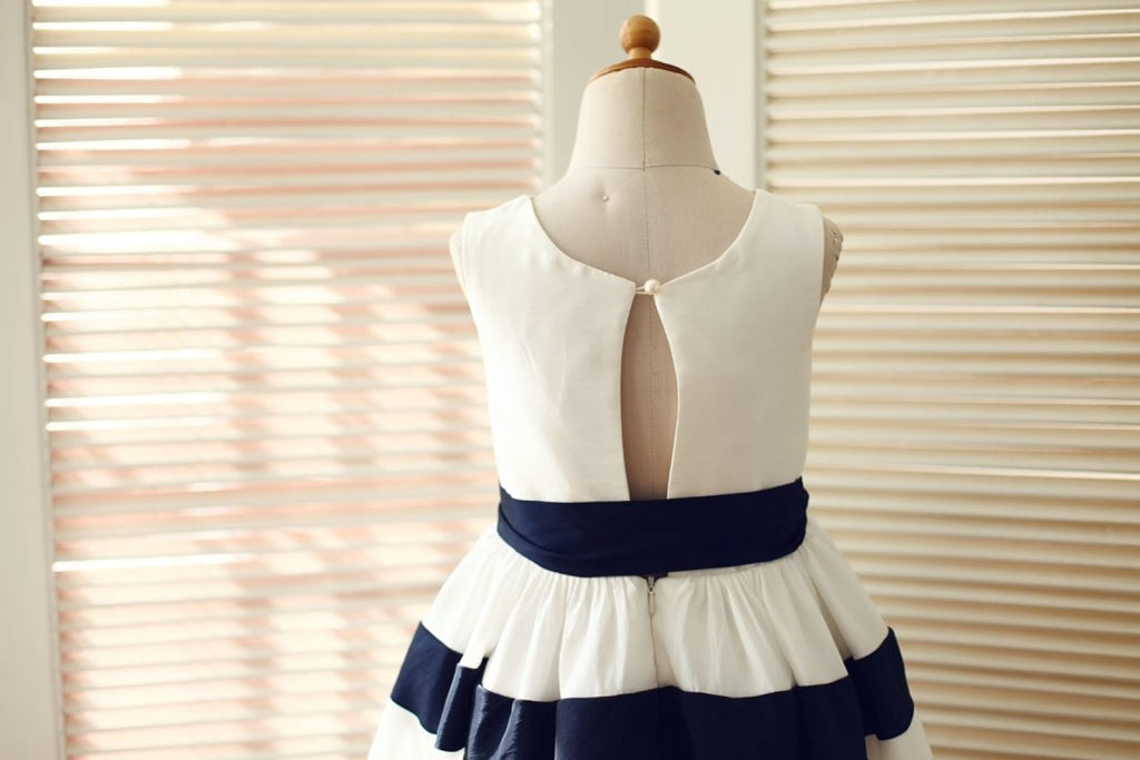 Ivory / Navy Blue Taffeta Striped Wedding Flower Girl Dress