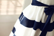 Ivory / Navy Blue Taffeta Striped Wedding Flower Girl Dress