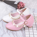 Zapatos de niña de flores de boda con perlas de diamantes de imitación de cuero marfil/rosa, zapatos de princesa de tacón alto