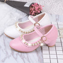 Ivory / Pink Leather Rhinestone Pearls Wedding Flower Girl Shoes High Heels Princess Shoes