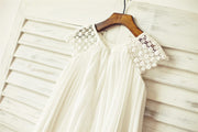 Ivory Pleated Chiffon Lace Flower Girl Dress with Cap 
