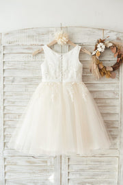 Ivory Satin Champagne Tulle Wedding Flower Girl Dress with 