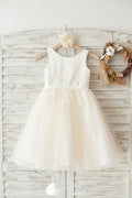 Ivory Satin Champagne Tulle Wedding Flower Girl Dress, Beaded Lace
