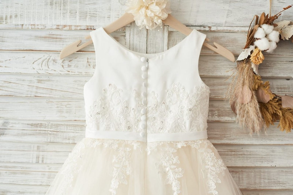 Ivory Satin Champagne Tulle Wedding Flower Girl Dress with 