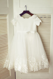 Ivory Satin Lace Tulle Wedding Flower Girl Dress with Short 