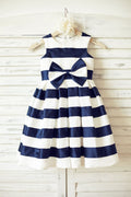 Ivory Satin Navy Blue Stripes Flower Girl Dress, Bow