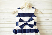 Ivory Navy Blue Stripes Satin Flower Girl Dress with Bow