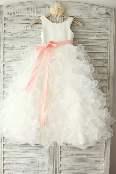 Ivory Satin Ruffle Organza Skirt TUTU Princess Flower Girl 