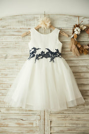 Ivory Satin Tulle Black Lace Wedding Flower Girl Dress