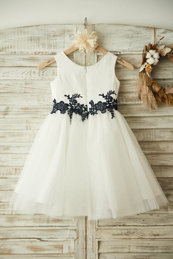 Ivory Satin Tulle Black Lace Wedding Flower Girl Dress