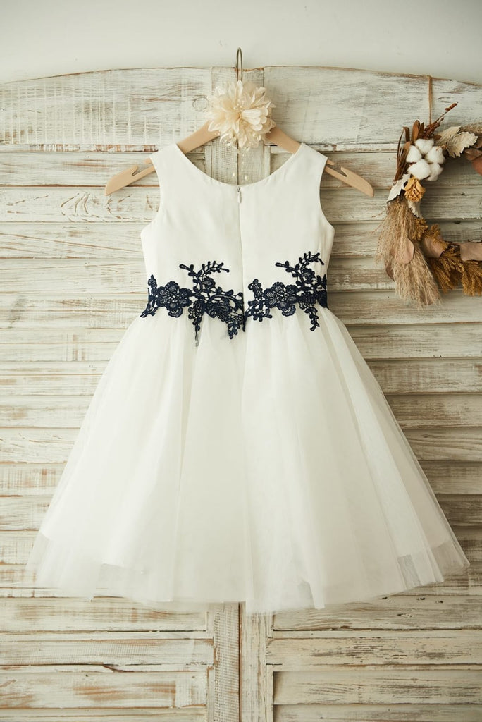 Ivory Satin Tulle Black Lace Wedding Flower Girl Dress Custom Size Ivory Satin Tulle Black Lace Wedding Flower Girl Dress Custom Size
