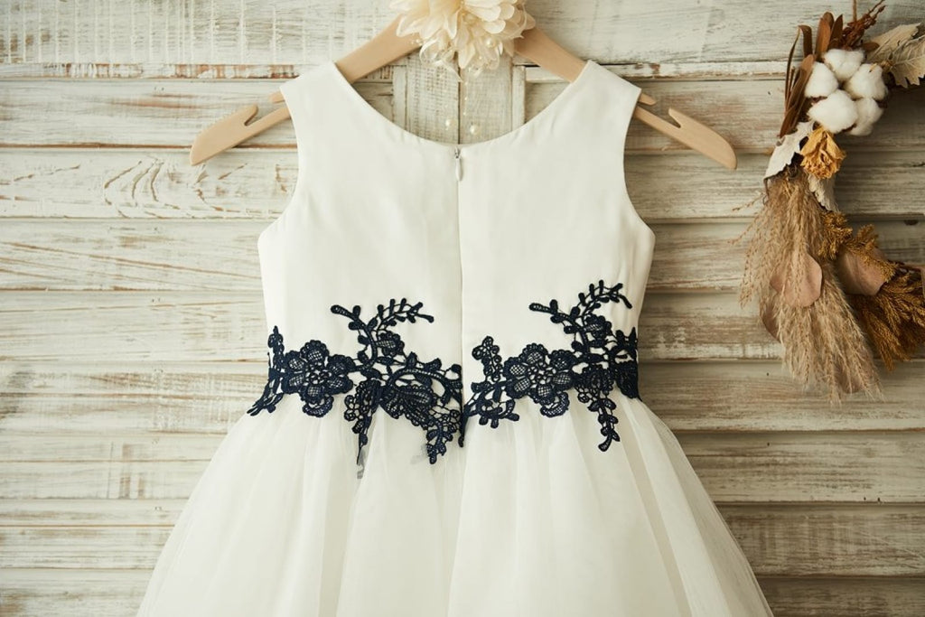 Ivory Satin Tulle Black Lace Wedding Flower Girl Dress Custom Size Ivory Satin Tulle Black Lace Wedding Flower Girl Dress Custom Size
