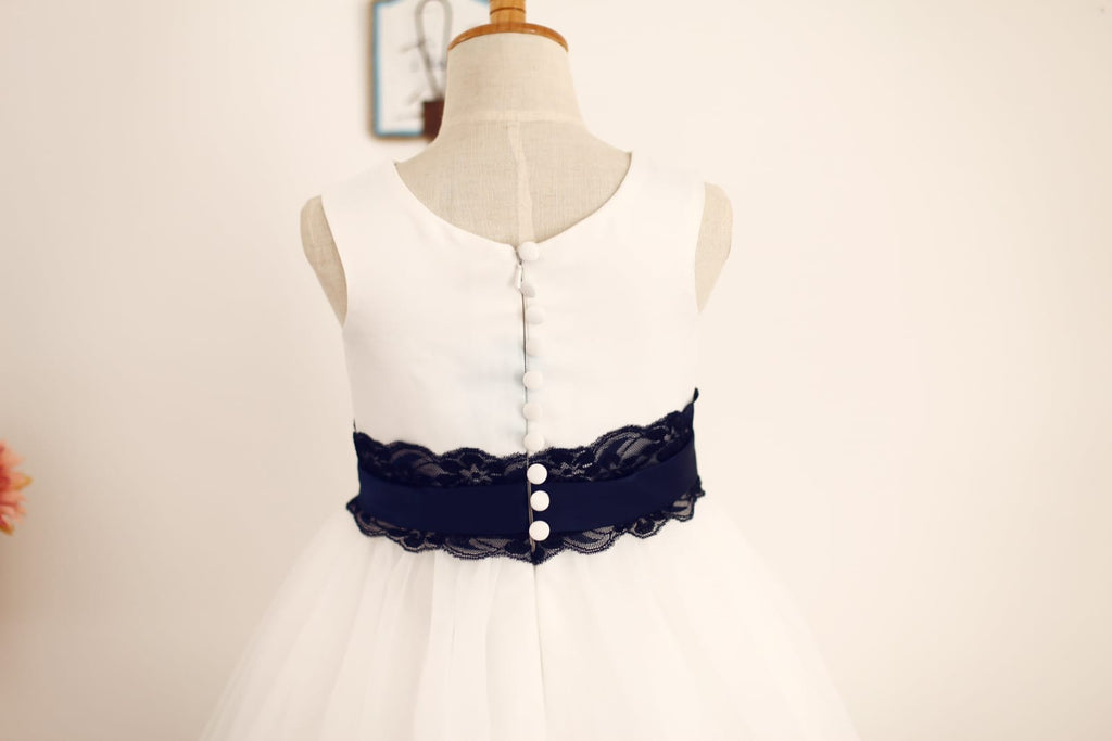Ivory Satin Tulle Flower Girl Dress with Navy Blue Lace Sash