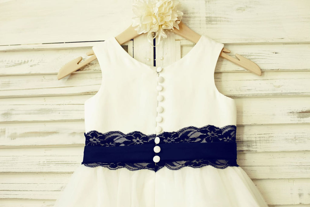 Ivory Satin Tulle Flower Girl Dress with Navy Blue Lace Sash
