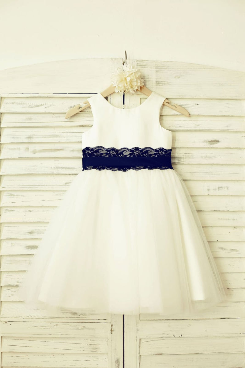 Ivory Satin Tulle Flower Girl Dress, Navy Blue Lace Sash - Princessly