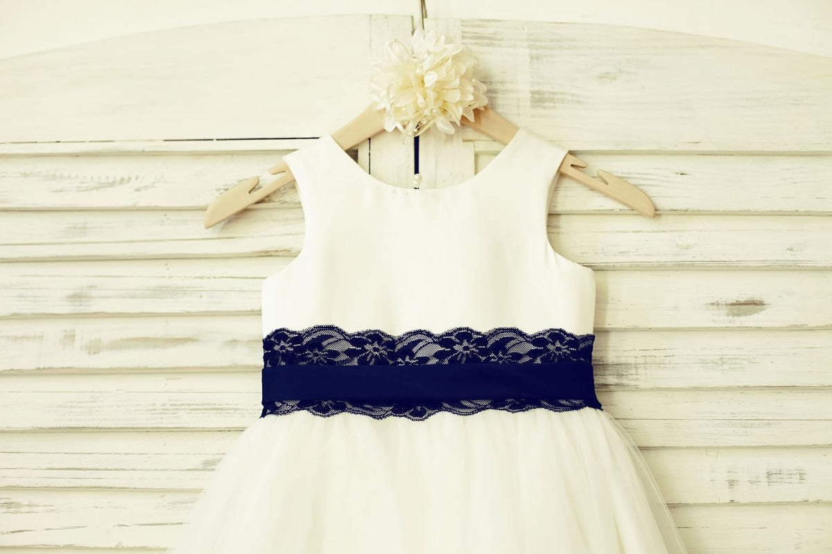 Ivory Satin Tulle Flower Girl Dress, Navy Blue Lace Sash - Princessly