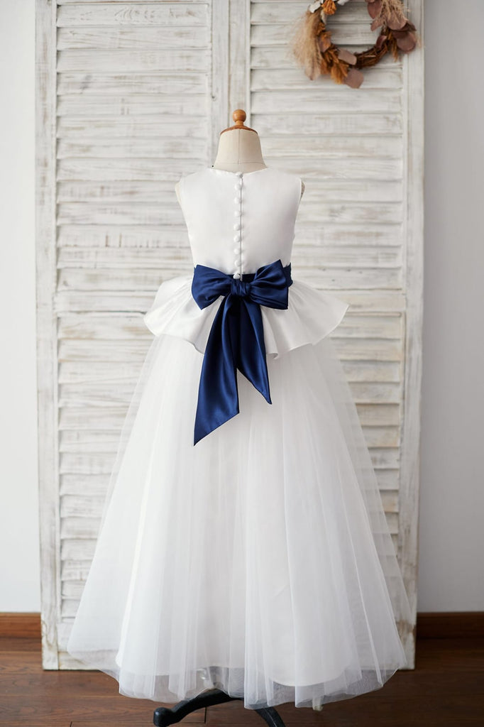 Ivory Satin Tulle Wedding Flower Girl Dress with Navy Blue 