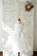 Elfenbein Streifen Organza Spaghettiträger Hochzeit Blumenmädchen Kleid