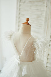 Ivory Tulle Cap Sleeves V Back Cupcake Wedding Flower Girl 