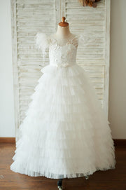 Ivory Tulle Cap Sleeves V Back Cupcake Wedding Flower Girl 