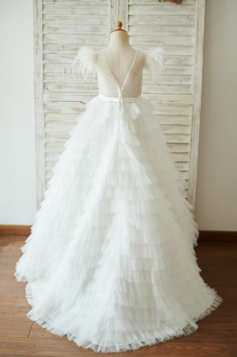 Lace Tulle V Back Cap Sleeves Floor Length Wedding Flower Girl Dress