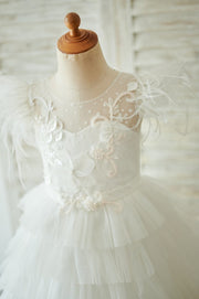 Ivory Tulle Cap Sleeves V Back Cupcake Wedding Flower Girl 