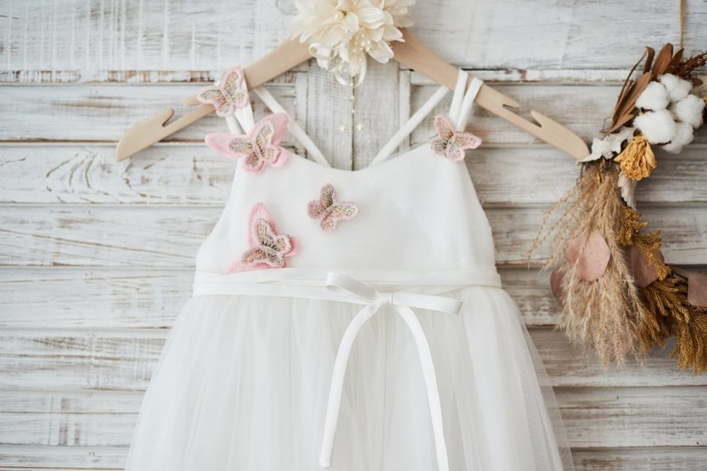 Ivory Tulle Spaghetti Straps Wedding Party Flower Girl Dress