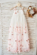Vestido de niña de las flores del banquete de boda de las correas de espagueti de tul marfil, mariposas 3D