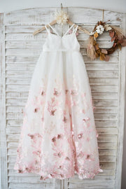 Ivory Tulle Spaghetti Straps Wedding Party Flower Girl Dress