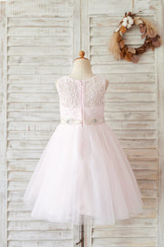 Ivory Lace Tulle Wedding Flower Girl Dress with Beaded Belt
