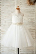 Ivory/Pink Lace Tulle Wedding Flower Girl Dress, Beaded Belt