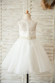 Ivory Lace Tulle Wedding Flower Girl Dress with Beaded Belt