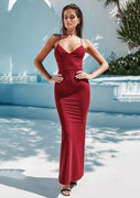 Jersey Prom robe de vin rouge gain Straps V collier Mariage Ankle-Length, Dentelle