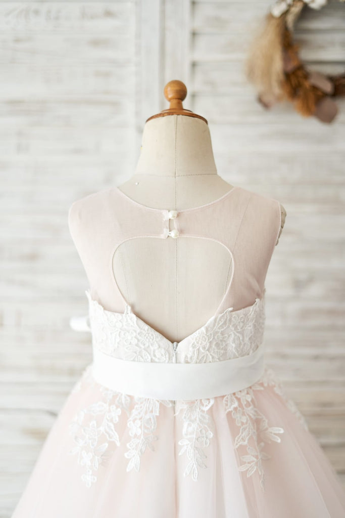 Keyhole Back Ivory Lace Pink Tulle Wedding Flower Girl Dress