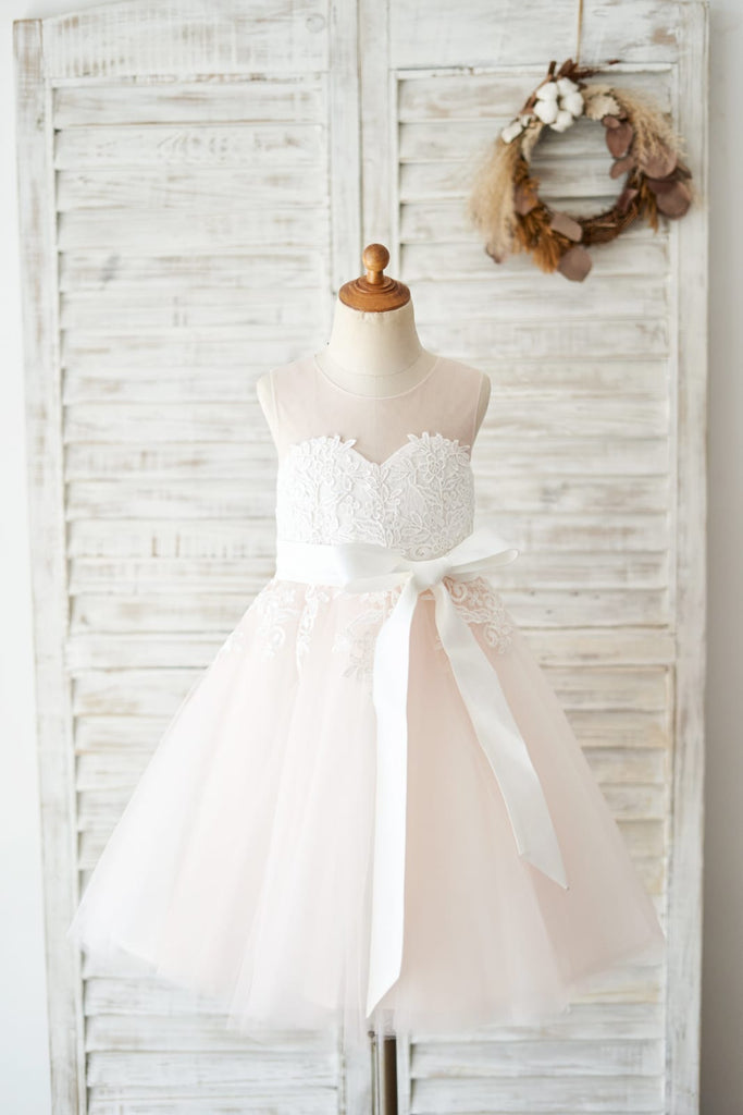 Keyhole Back Ivory Lace Pink Tulle Wedding Flower Girl Dress