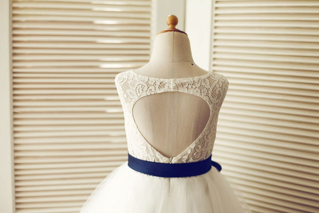 Keyhole Ivory Lace Tulle Wedding Flower Girl Dress / Navy 