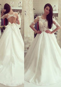 Кружевное атласное свадебное платье трапециевидной формы с половиной рукавом и замочной скважиной, бантом с поясом