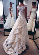 Lace Asymmetrical Wedding Dress A-line Off Shoulder, Button