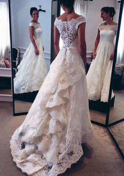 Lace Asymmetrical Wedding Dress A-line Off Shoulder Button -