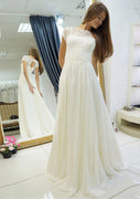 Кружевное шифоновое свадебное платье трапециевидной формы Bateau длиной до пола с замочной скважиной
