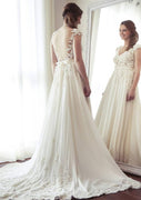 Lace Chiffon V-Neck Illusion Back Court A-line Bridal Dress, Sash
