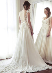 Chiffon V-Neck Sheer Back Court A-line Bridal Wedding Dress 