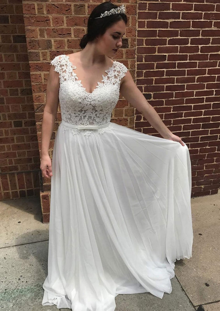 Lace Chiffon V-Neck Sweep A-Line Wedding Dress Belt Pleats -