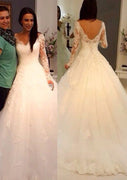 Lace Long Sleeve Court Train A-line Wedding Dress, Buttons
