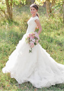 Lace Organza Ruffles Queen Anne Neck A-line Wedding Dress, Buttons
