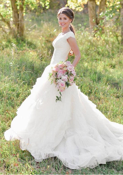 Lace Organza Ruffles Queen Anne Neck A-line Wedding Dress 