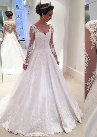 Satin A-line Floor-Length Illusion Long Sleeve Wedding Dress