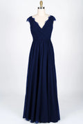 Lace Scalloped V-Neck Navy Chiffon Bridesmaid Dress, Braided Belt