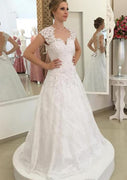 Lace Cap Sleeve Tulle Sweep Open Back Wedding Dress, Bowknot